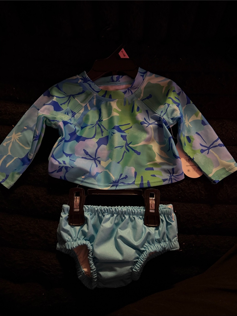 wonder nation Blue Green Floral Long-Sleeve Rash Guard Swim Set